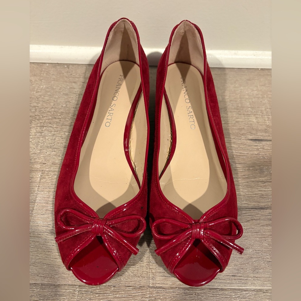 Franco Sarto Red Suede Bow Peep Toe Flats